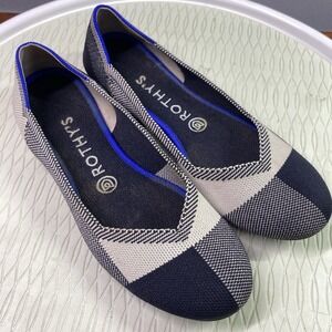 ROTHY'S The‎ Flat Cap Round Toe Shoes Black Cream Plaid size 8 Slip Ons